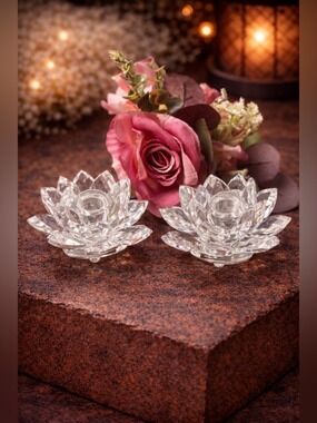 SWAROVSKI Crystal Vintage Water Lily Lotus PAIR Candle Holders 4” aprox STUNNING